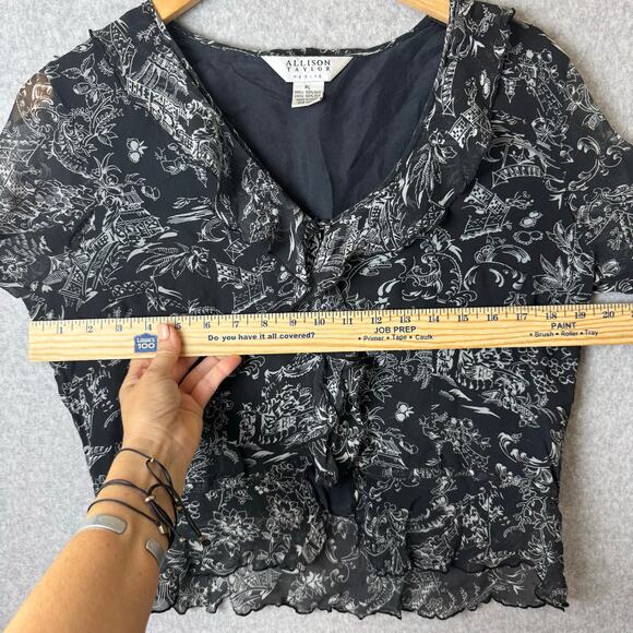 Allison Taylor Silk Blouse Women’s Petite Large Black Ruffle Whimsy Fairy Boho - Picture 6 of 14